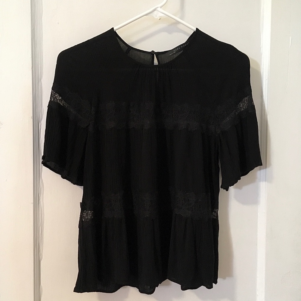 💕Zara Black Pleated Blouse w/2 Lace Panels S Sm